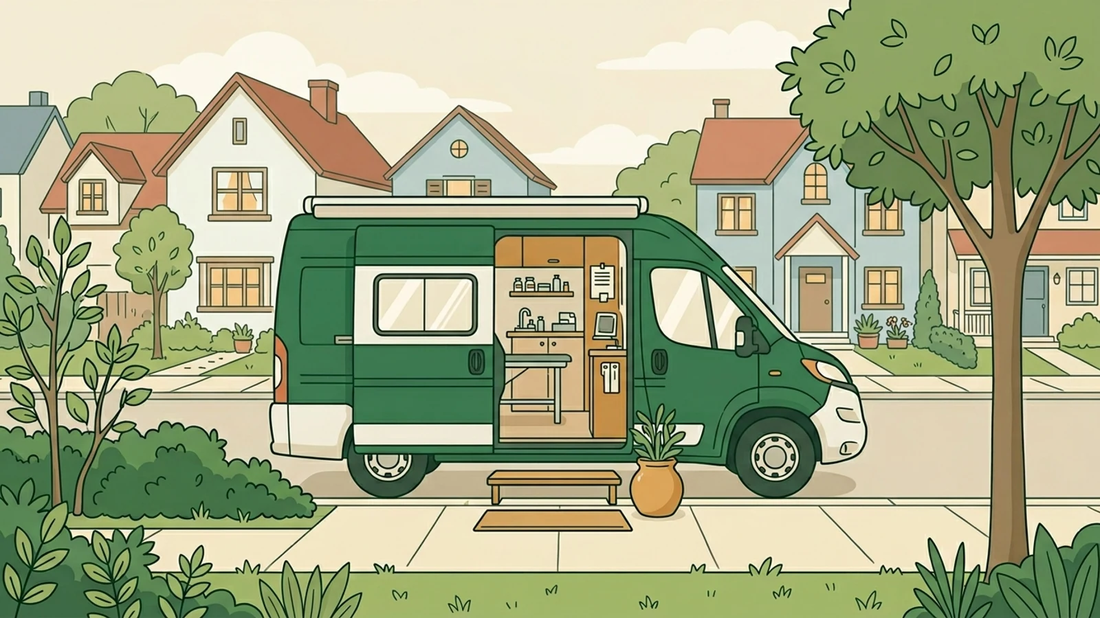 Illustration av en mobil veterinär som gör hembesök